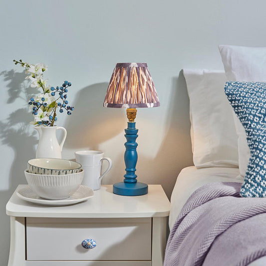 Bibury And Ikat 16cm Pearl Grey Fabric Shade Table Lamp In Satin Marlin Blue