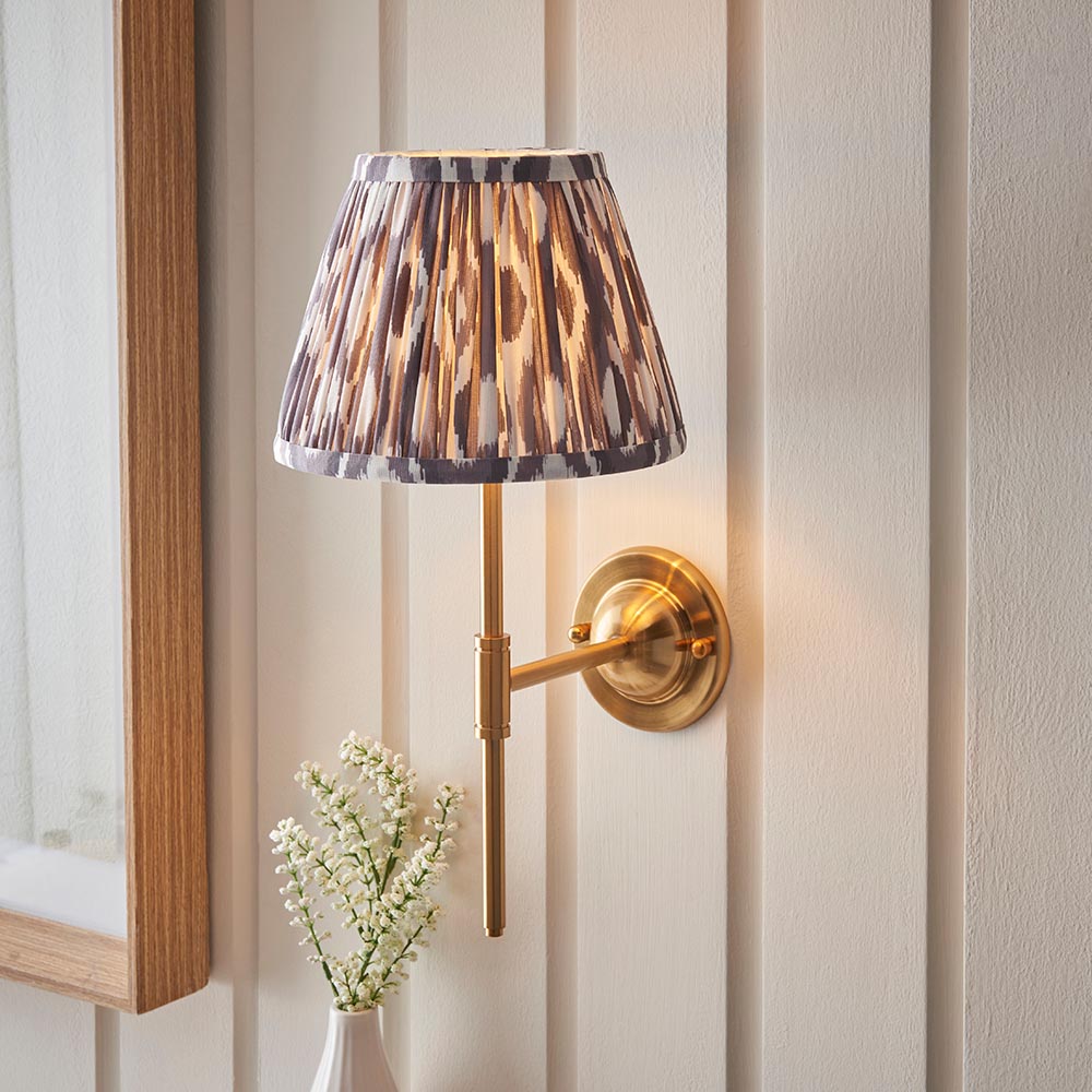 Dome T Bar And Ikat 20cm Pearl Grey Shade Wall Light In Brushed Aged Brass
