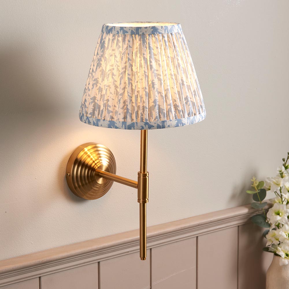 Obelisk T Bar And Leaf 20cm Shell Bay Blue Shade Wall Light In Brushed Aged Brass