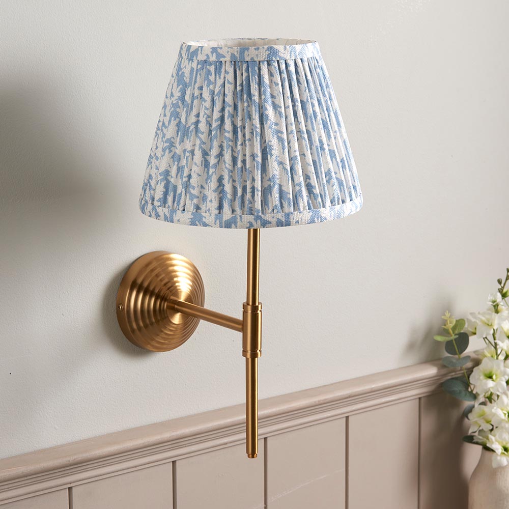 Obelisk T Bar And Leaf 20cm Shell Bay Blue Shade Wall Light In Brushed Aged Brass