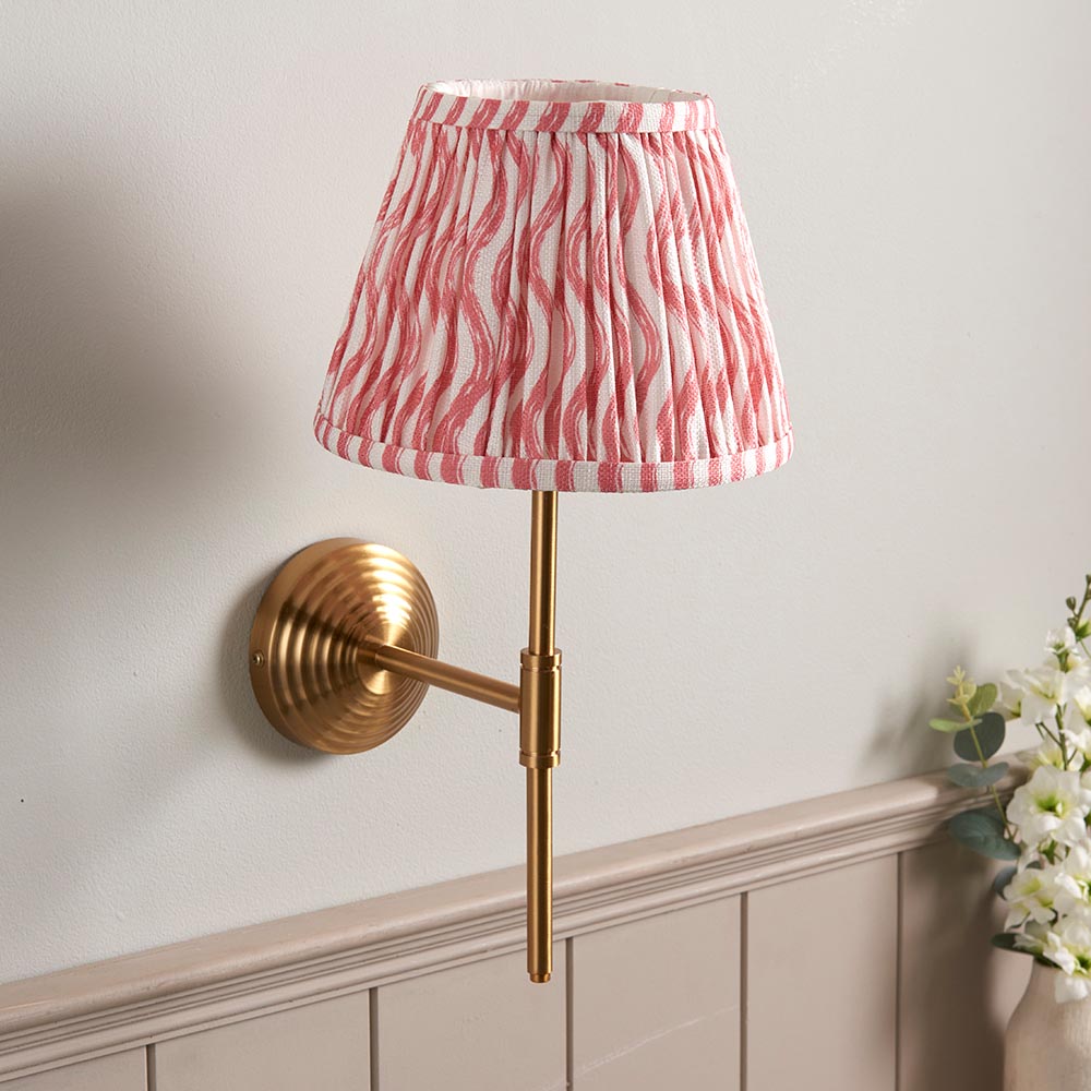 Obelisk T Bar And Ripple 20cm Coral Pink Shade Wall Light In Brushed Aged Brass