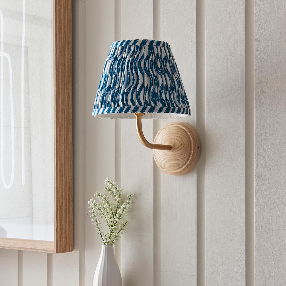 Wood Arc And Ripple 20cm Marlin Blue Shade Wall Light In Brushed Aged Brass