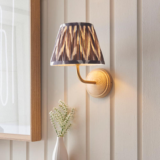 Wood Arc And Zigzag 20cm Pearl Grey Shade Wall Light In Brushed Aged Brass