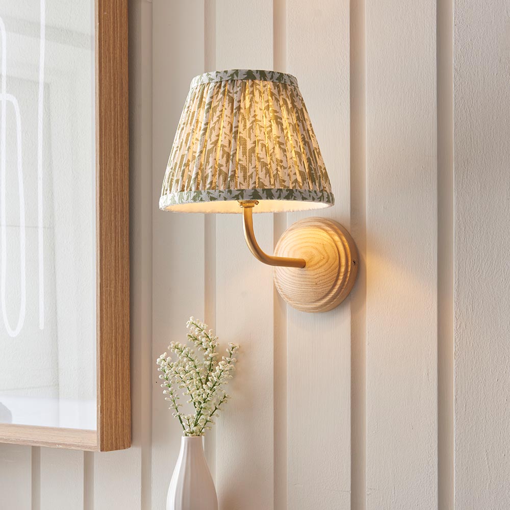 Wood Arc And Leaf 20cm Herb Garden Green Shade Wall Light In Brushed Aged Brass