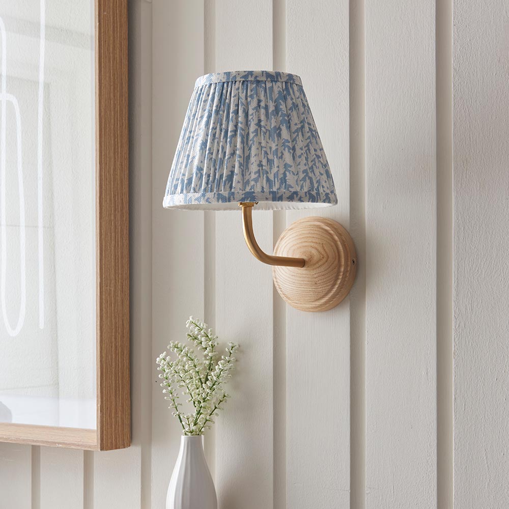 Wood Arc And Leaf 20cm Shell Bay Blue Shade Wall Light In Brushed Aged Brass