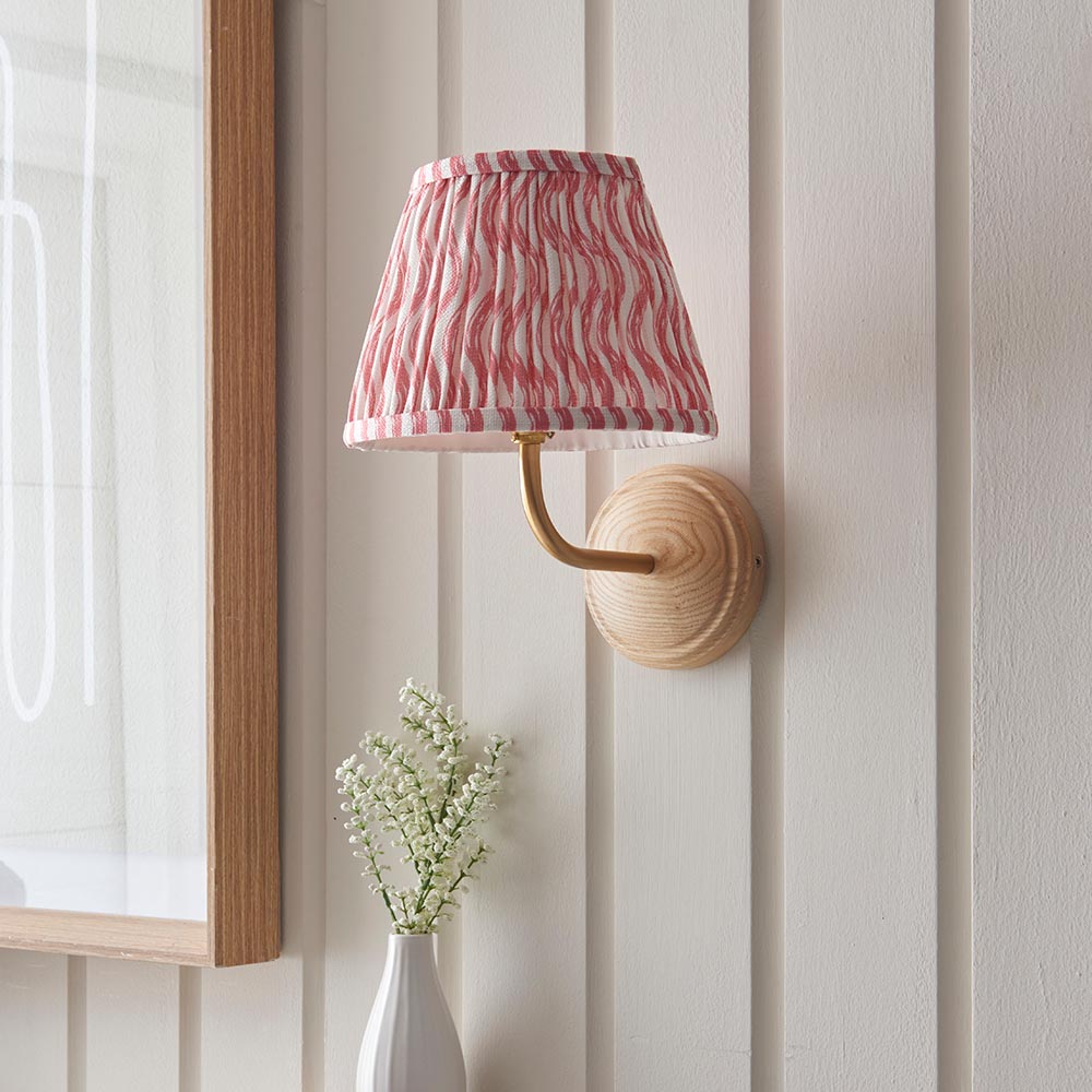 Wood Arc And Ripple 20cm Coral Pink Shade Wall Light In Brushed Aged Brass