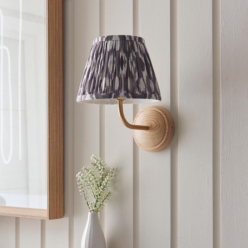 Wood Arc And Ikat 20cm Pearl Grey Shade Wall Light In Brushed Aged Brass