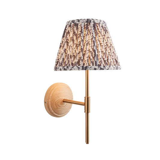 Wood T Bar And Leaf 20cm Pearl Grey Shade Wall Light In Brushed Aged Brass
