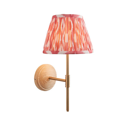 Wood T Bar And Ikat 20cm Coral Pink Shade Wall Light In Brushed Aged Brass