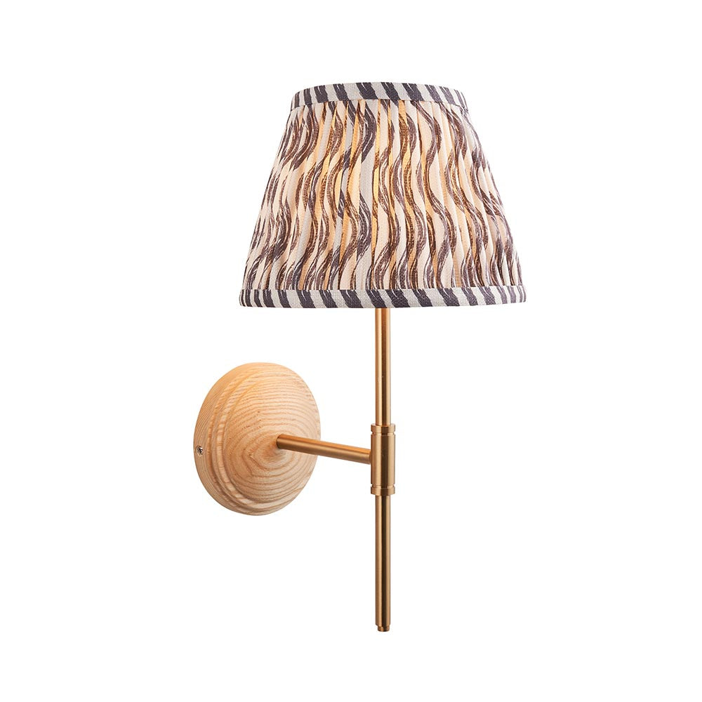 Wood T Bar And Ripple 20cm Pearl Grey Shade Wall Light In Brushed Aged Brass