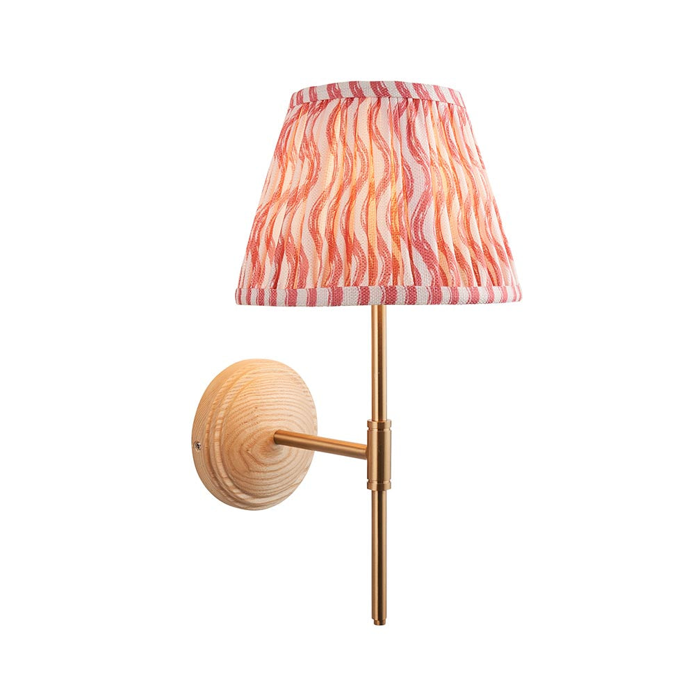 Wood T Bar And Ripple 20cm Coral Pink Shade Wall Light In Brushed Aged Brass