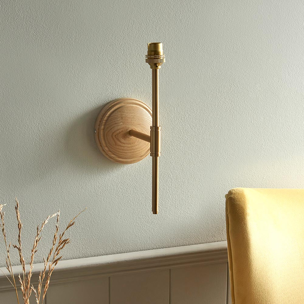 Wood T Bar And Zigzag 20cm Apricot Orange Shade Wall Light In Brushed Aged Brass