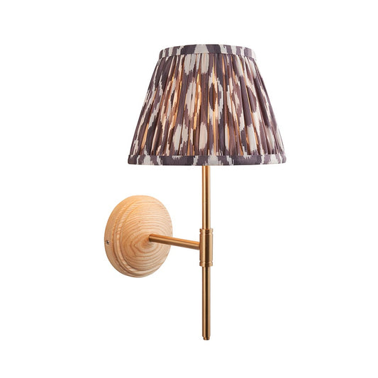 Wood T Bar And Ikat 20cm Pearl Grey Shade Wall Light In Brushed Aged Brass