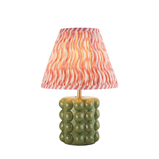 Bobble And Ripple 25cm Coral Pink Fabric Shade Table Lamp In Olive Green Bobble Ceramic Base