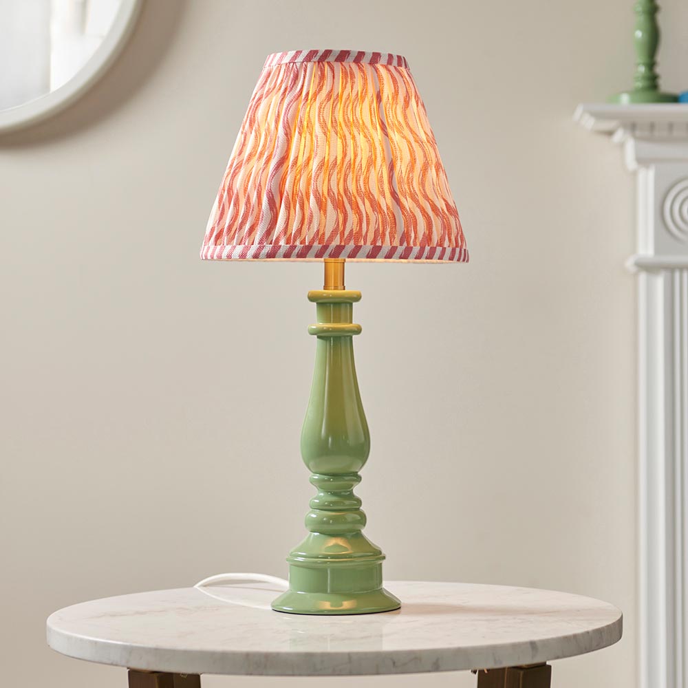 Myrtle And Ripple 25cm Coral Pink Shade Table Lamp With Gloss Cotswold Green Base