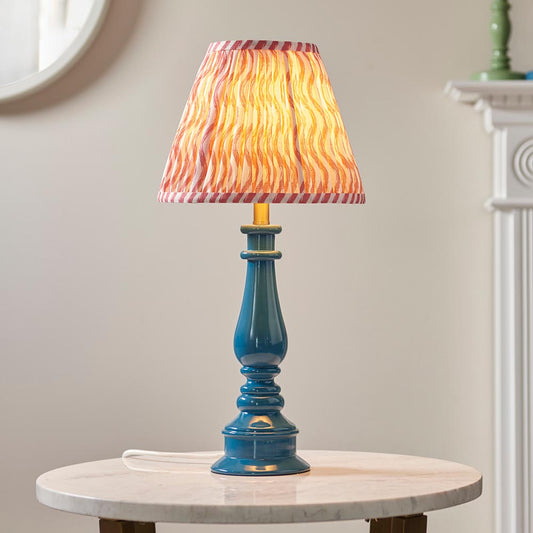 Myrtle And Ripple 25cm Coral Pink Shade Table Lamp With Gloss Marlin Blue Base