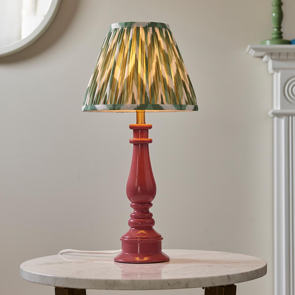 Myrtle And Zigzag 25cm Cotswold Green Shade Table Lamp With Gloss Pink Clay Base