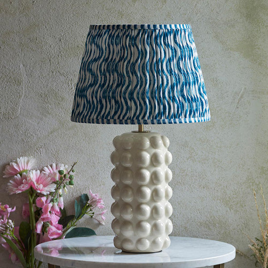 Bobble And Ripple 35cm Marlin Blue Fabric Shade Table Lamp In Gloss White Ceramic Base