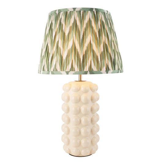 Bobble And Zigzag 35cm Cotswold Green Fabric Shade Table Lamp In Gloss White Ceramic Base