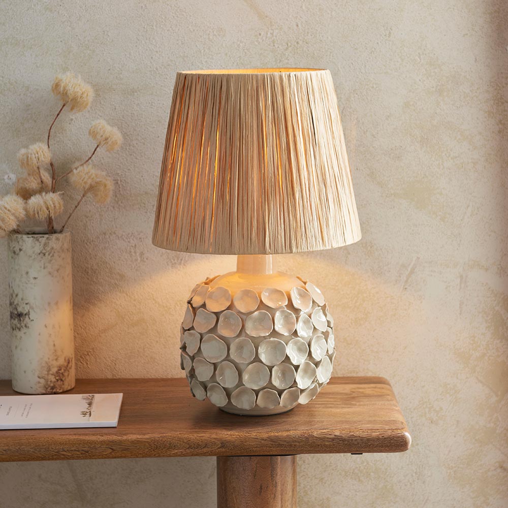 Borello And Raffia 32cm Natural Raffia Shade Table Lamp With Ivory Crackle Ceramic Base