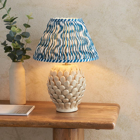 Layered Leaf And Ripple 30cm Marlin Blue Shade Table Lamp With Round Ivory Ceramic Base