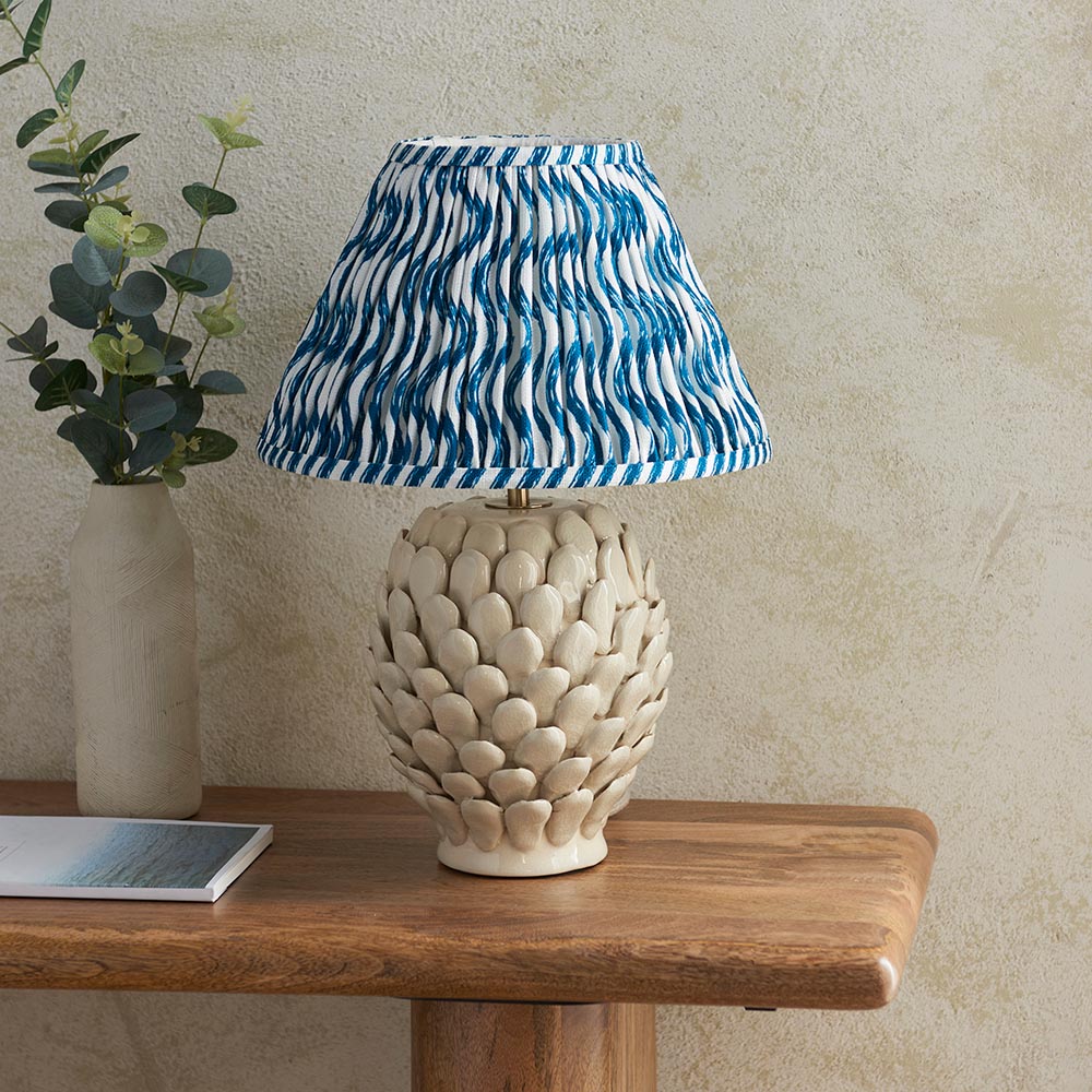 Layered Leaf And Ripple 30cm Marlin Blue Shade Table Lamp With Round Ivory Ceramic Base
