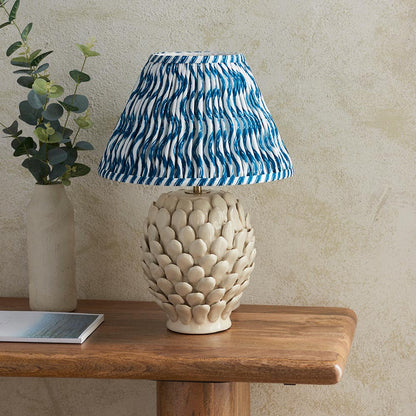 Layered Leaf And Ripple 30cm Marlin Blue Shade Table Lamp With Round Ivory Ceramic Base