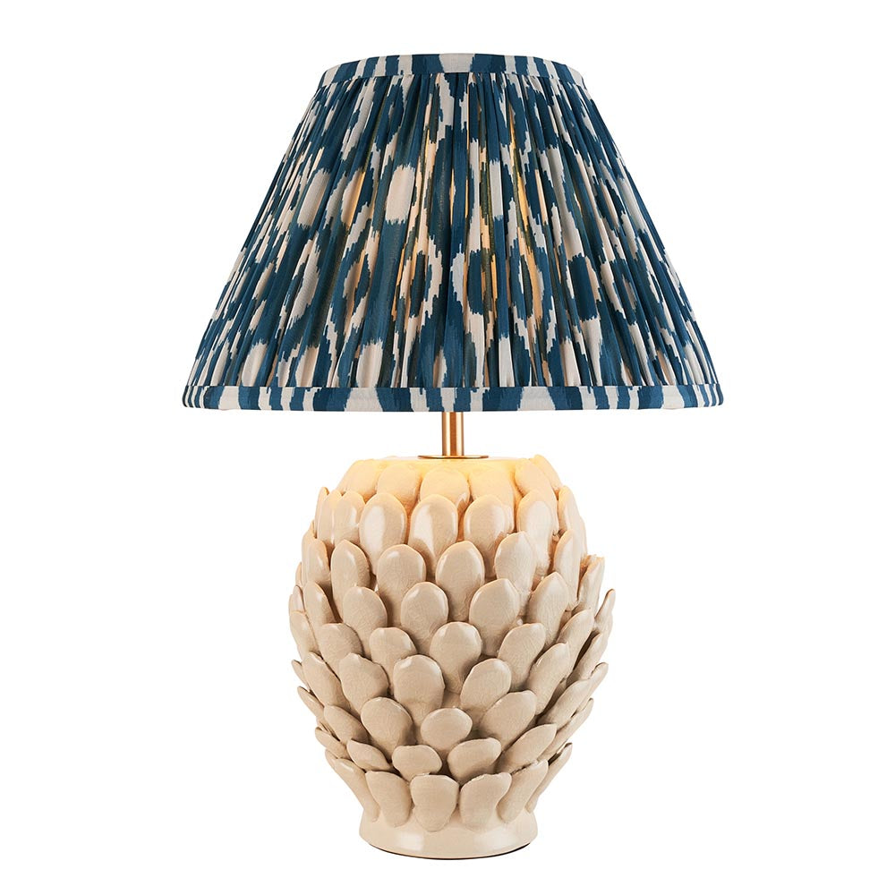 Layered Leaf And Ikat 30cm Marlin Blue Shade Table Lamp With Round Ivory Ceramic Base