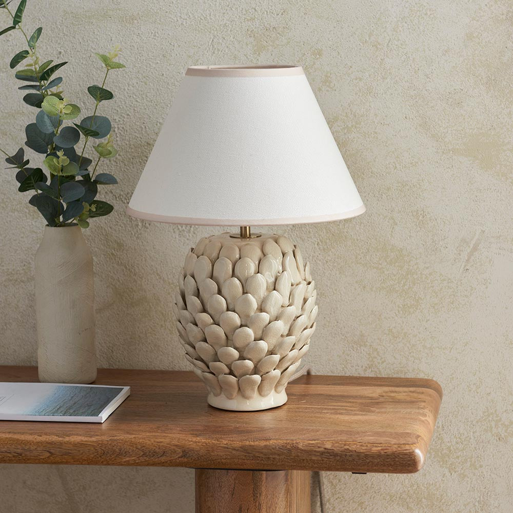 Layered Leaf And Ivy 30cm Vintage White Shade Table Lamp With Round Ivory Ceramic Base