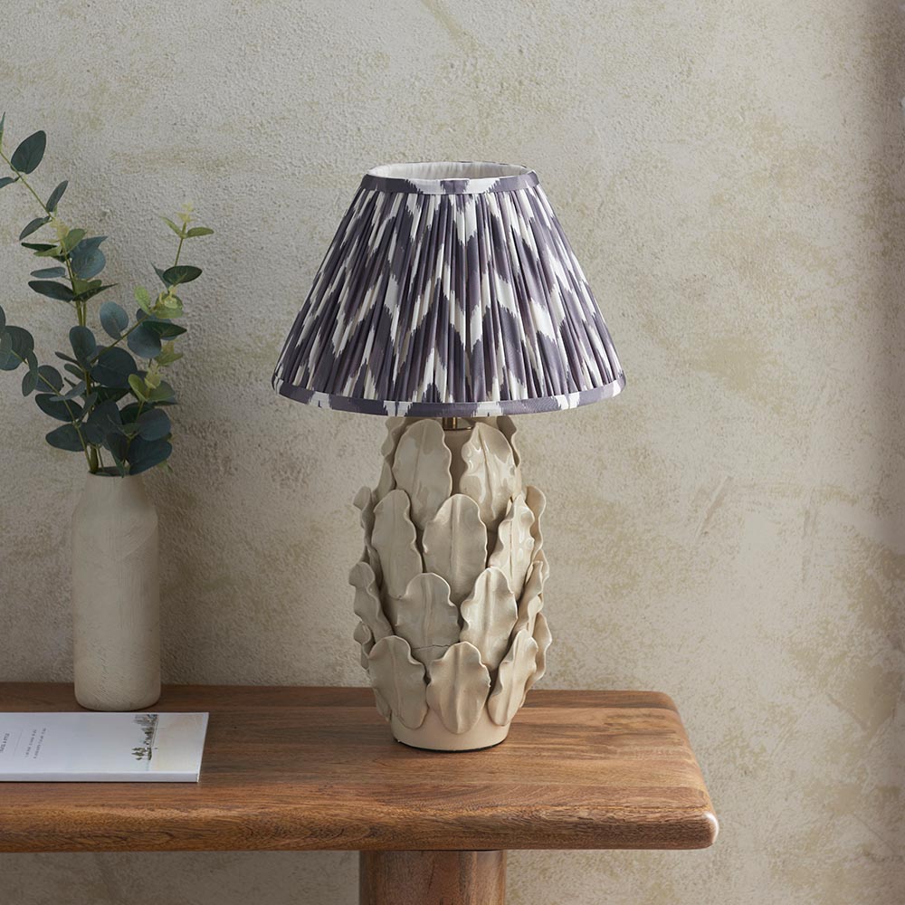 Layered Leaf And Zigzag 30cm Pearl Grey Shade Table Lamp With Ivory Ceramic Base
