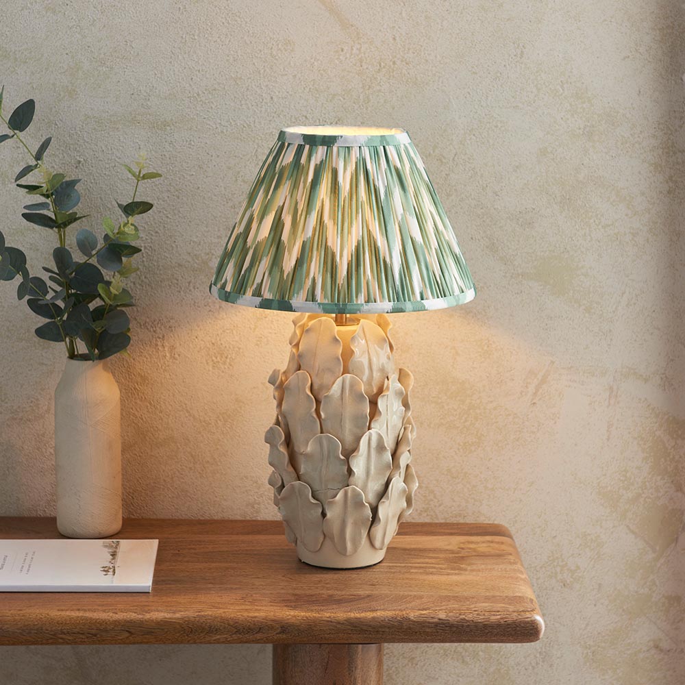 Layered Leaf And Zigzag 30cm Cotswold Green Shade Table Lamp With Ivory Ceramic Base