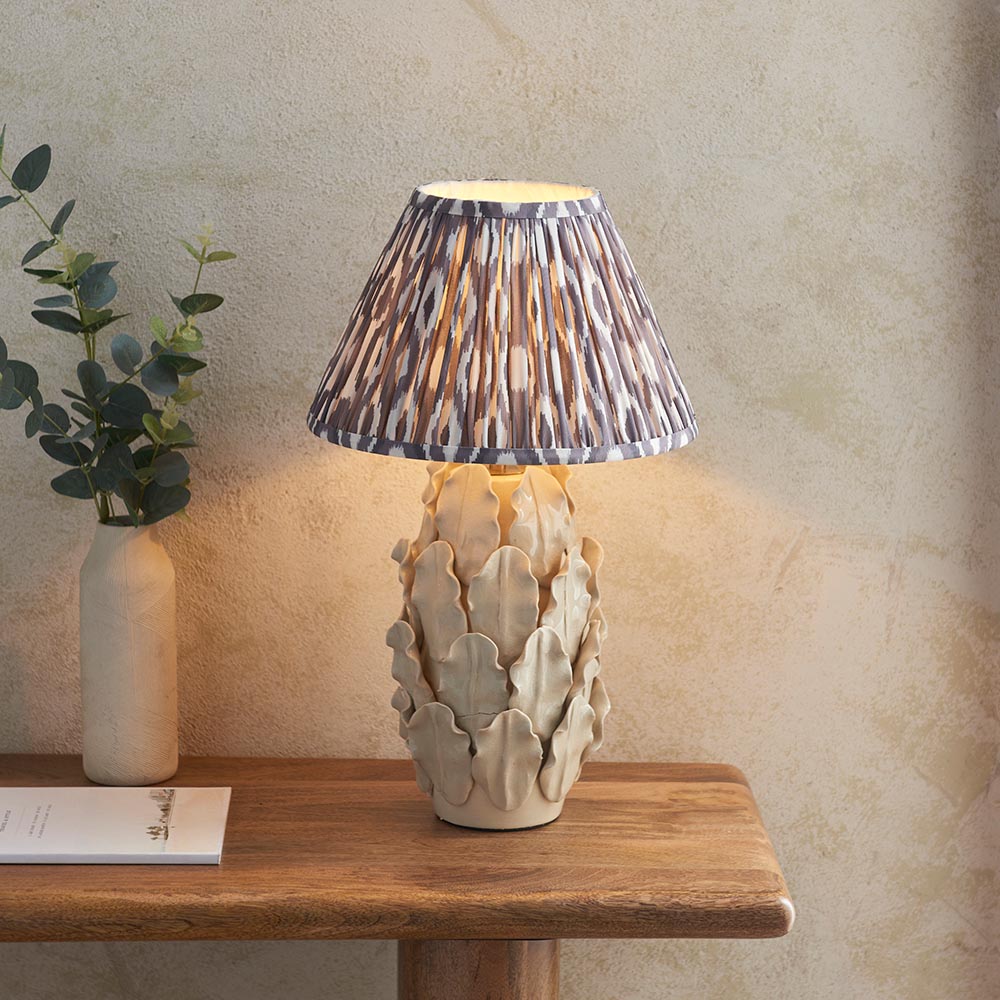 Layered Leaf And Ikat 30cm Pearl Grey Shade Table Lamp With Ivory Ceramic Base