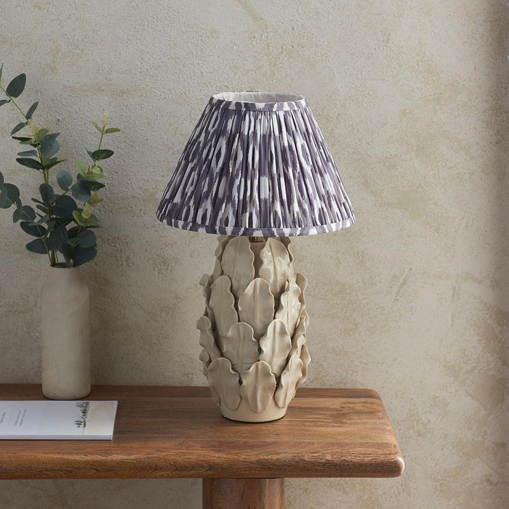 Layered Leaf And Ikat 30cm Pearl Grey Shade Table Lamp With Ivory Ceramic Base