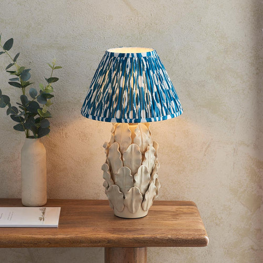 Layered Leaf And Ikat 30cm Marlin Blue Shade Table Lamp With Ivory Ceramic Base