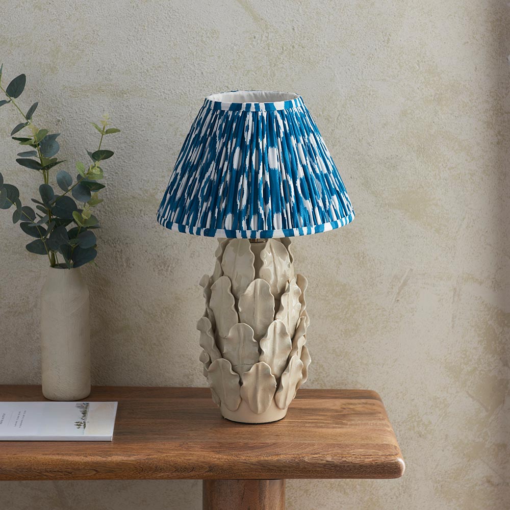 Layered Leaf And Ikat 30cm Marlin Blue Shade Table Lamp With Ivory Ceramic Base