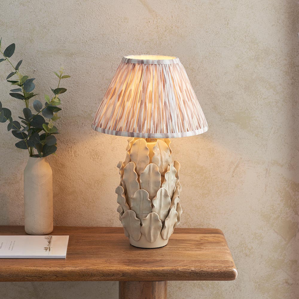 Layered Leaf And Ikat 30cm Neutral Shade Table Lamp With Ivory Ceramic Base