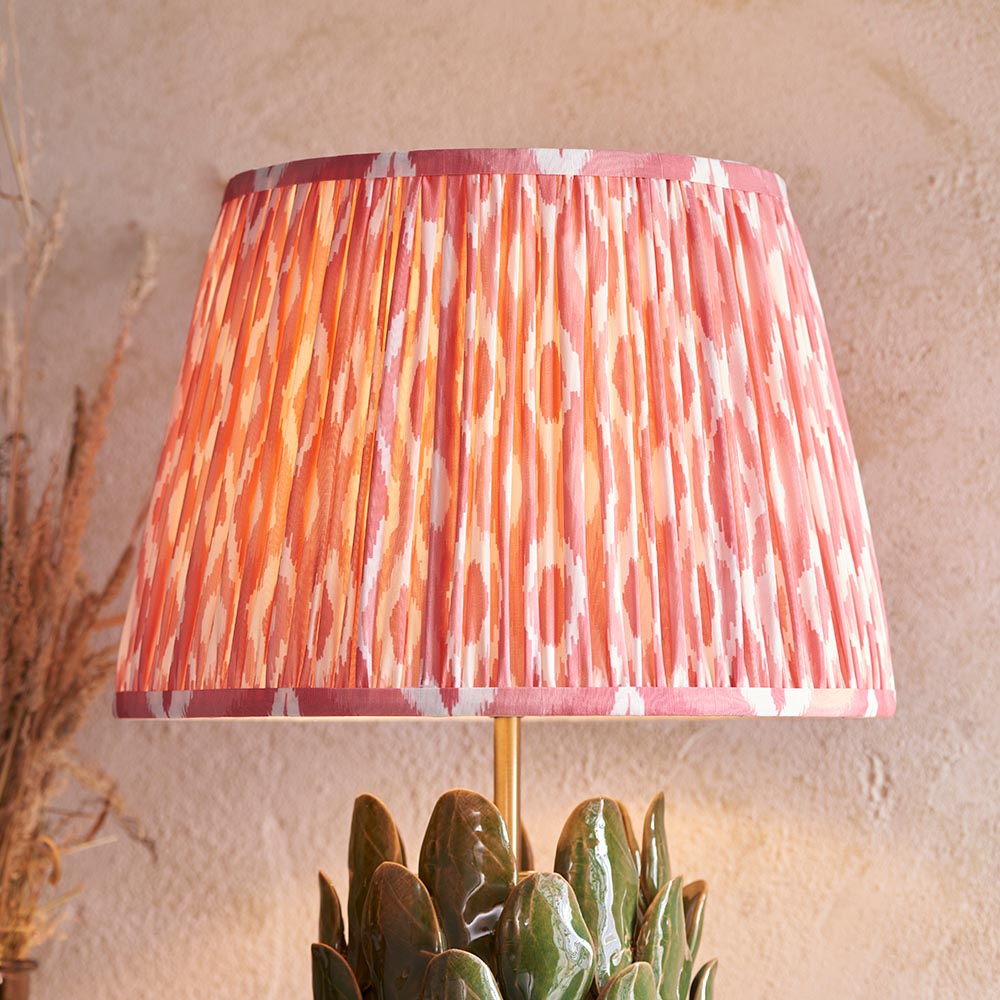 Layered Leaf And Ikat 35cm Coral Pink Shade Table Lamp With Round Ivory Ceramic Base