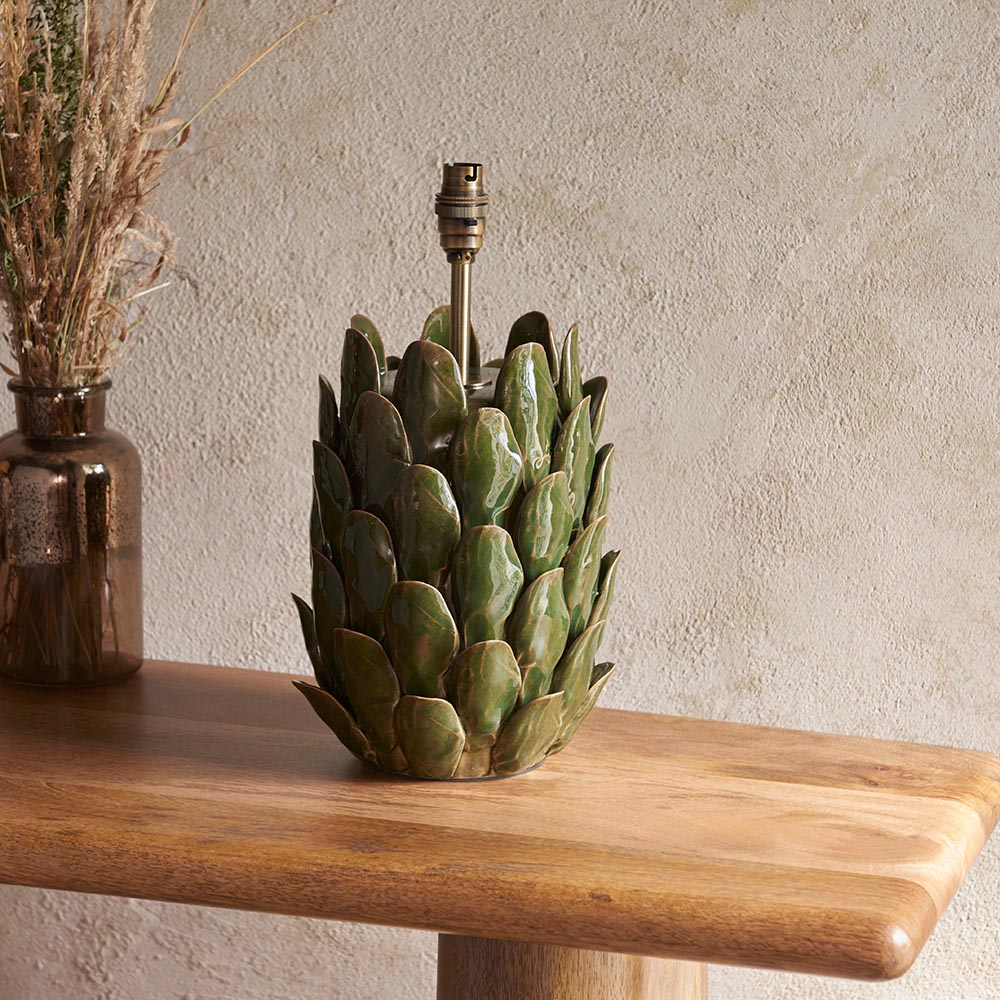 Layered Leaf And Zigzag 35cm Cotswold Green Shade Table Lamp With Round Ivory Ceramic Base