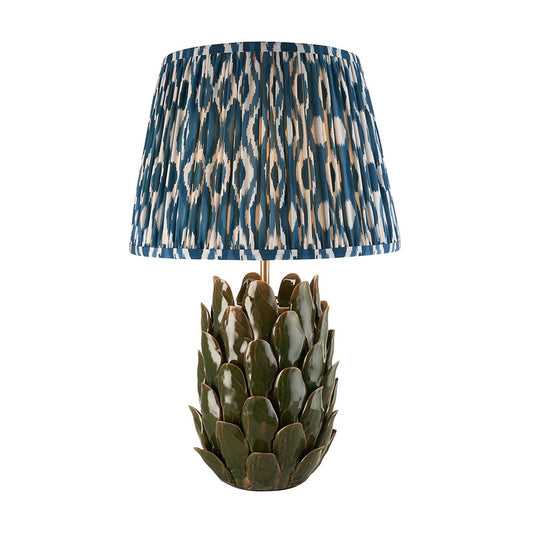 Layered Leaf And Ikat 35cm Marlin Blue Shade Table Lamp With Round Ivory Ceramic Base