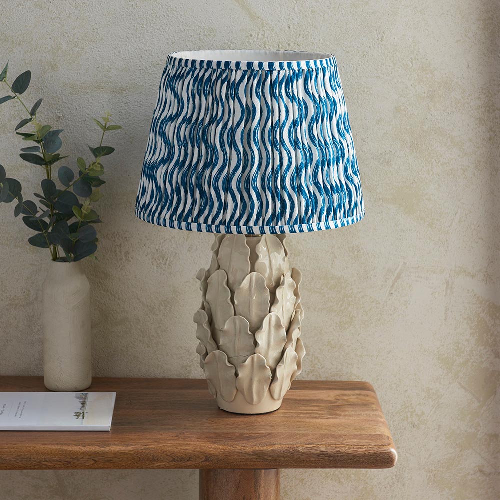 Layered Leaf And Ripple 35cm Marlin Blue Shade Table Lamp With Ivory Ceramic Base