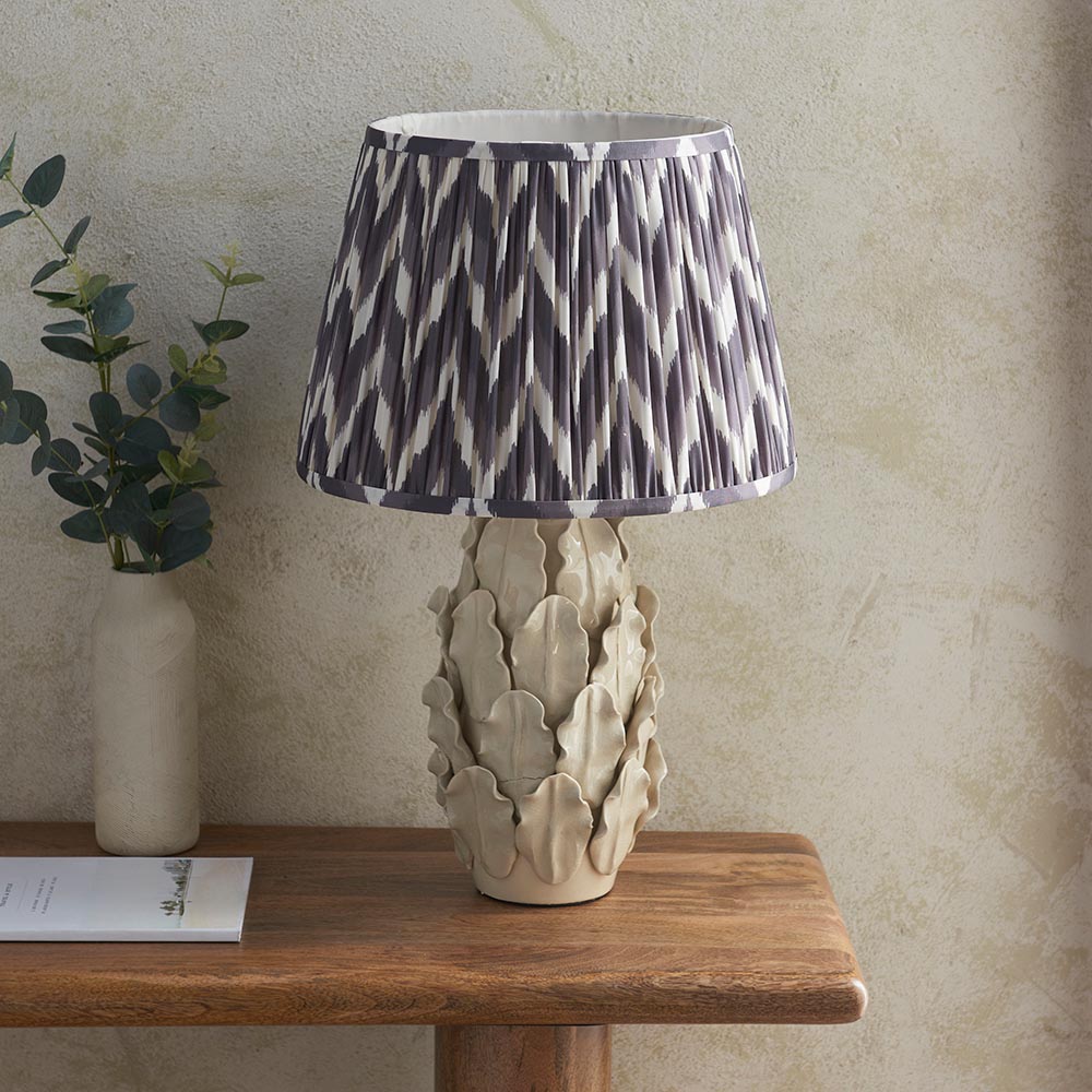 Layered Leaf And Zigzag 35cm Pearl Grey Shade Table Lamp With Ivory Ceramic Base