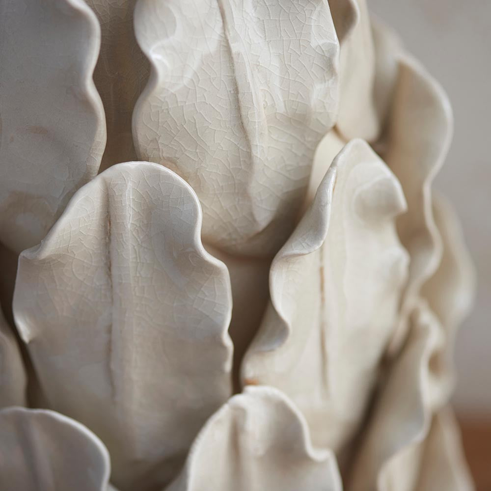 Layered Leaf And Zigzag 35cm Pearl Grey Shade Table Lamp With Ivory Ceramic Base