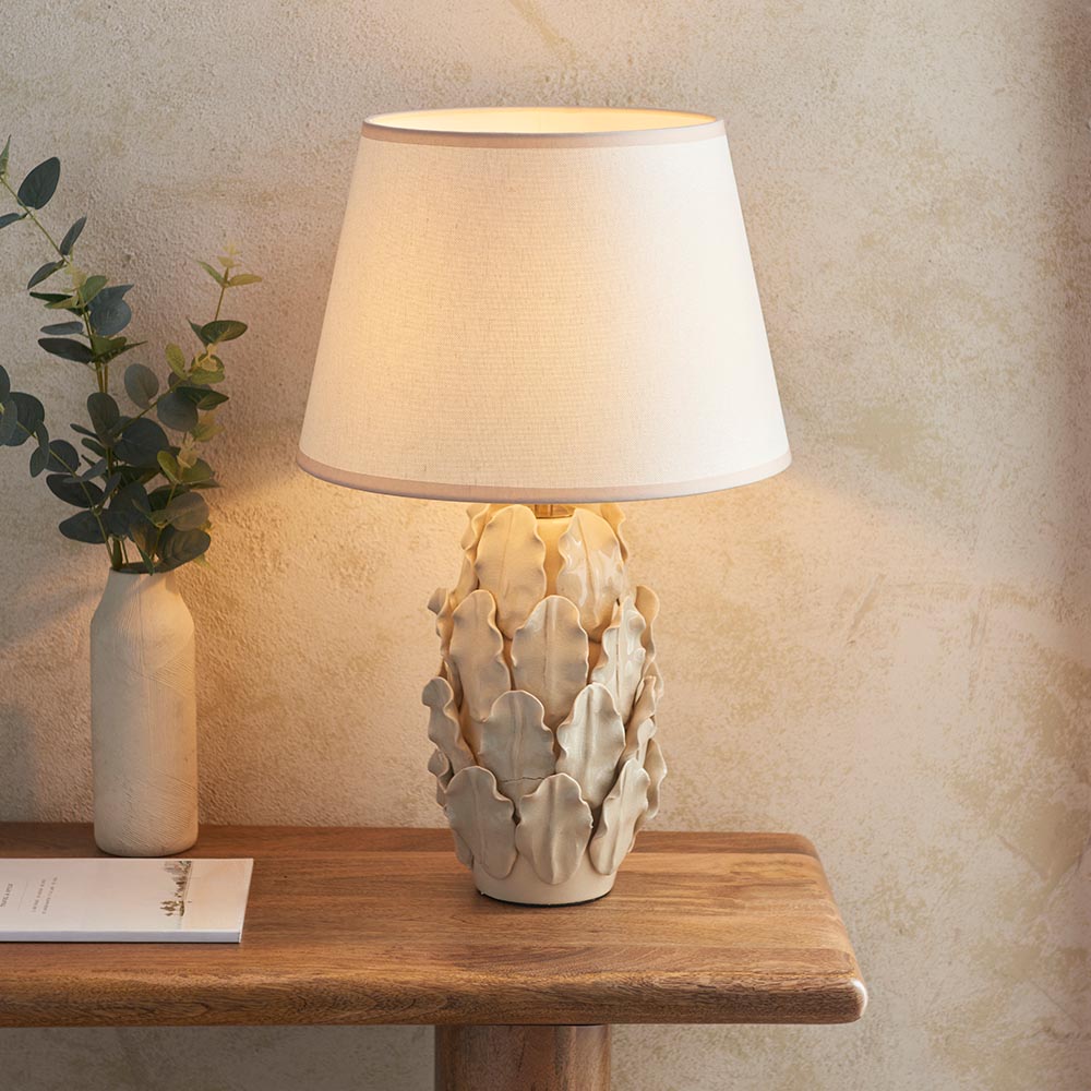 Layered Leaf And Ivy 35cm Vintage White Shade Table Lamp With Ivory Ceramic Base