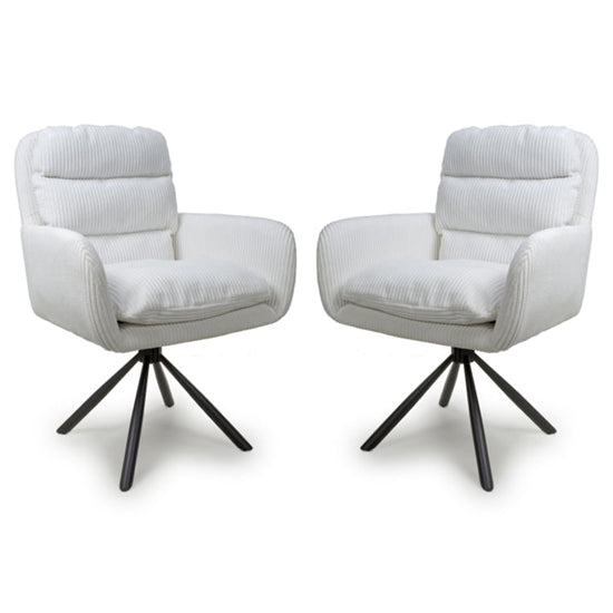 Cassidy White Corduroy Fabric Swivel Dining Chairs In Pair