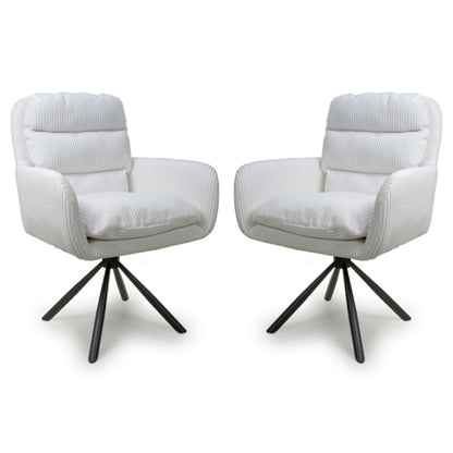 Cassidy White Corduroy Fabric Swivel Dining Chairs In Pair