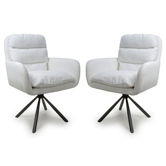 Cassidy White Corduroy Fabric Swivel Dining Chairs In Pair