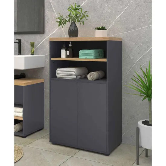 Thessa Wooden Bathroom Storage Cabinet With 2 Doors In Anthracite Oak