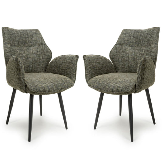 Baltimore Green Tweed Fabric Swivel Dining Chairs In Pair