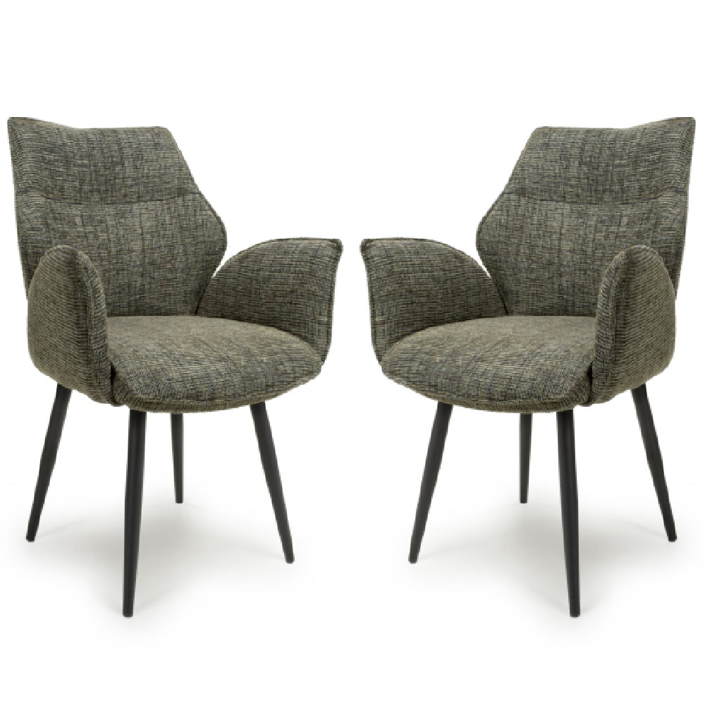 Baltimore Green Tweed Fabric Swivel Dining Chairs In Pair