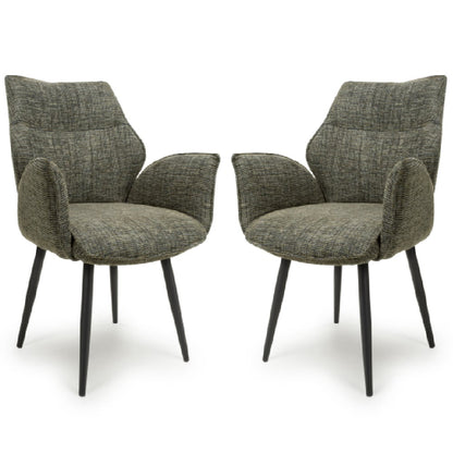Baltimore Green Tweed Fabric Swivel Dining Chairs In Pair